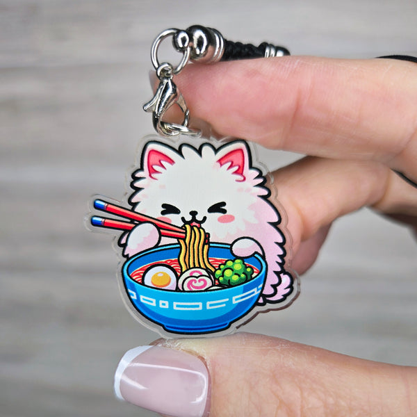 Ramen Cat Acrylic Phone Charm with Mini Black Braided Lanyard Strap - 38mm (1.5")