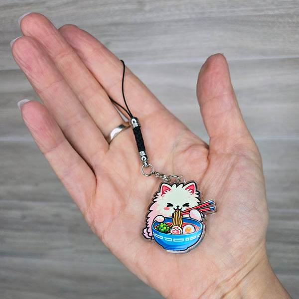 Ramen Cat Acrylic Phone Charm with Mini Black Braided Lanyard Strap - 38mm (1.5")