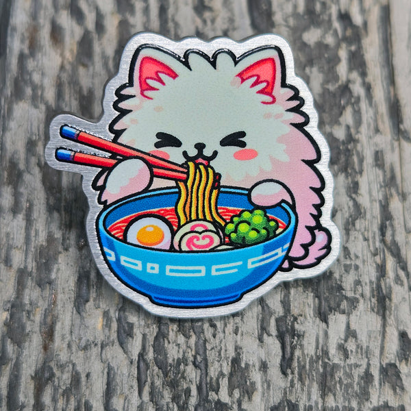 Ramen Cat Metal Pin - Kawaii Cat with Noodles Decorative Badge