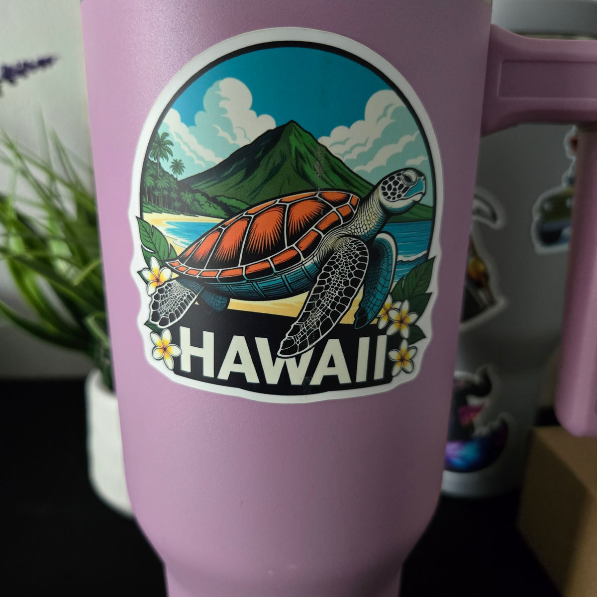 Hawaii Vinyl Sticker - Sea Turtle Honu Plumeria Laptop Decal - Waterproof - Travel Gift
