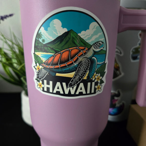 Hawaii Vinyl Sticker - Sea Turtle Honu Plumeria Laptop Decal - Waterproof - Travel Gift