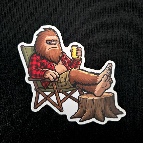 Camping Bigfoot Vinyl Sticker - Sasquatch Relaxing Humor Decal for Laptop Water Bottle - Waterproof