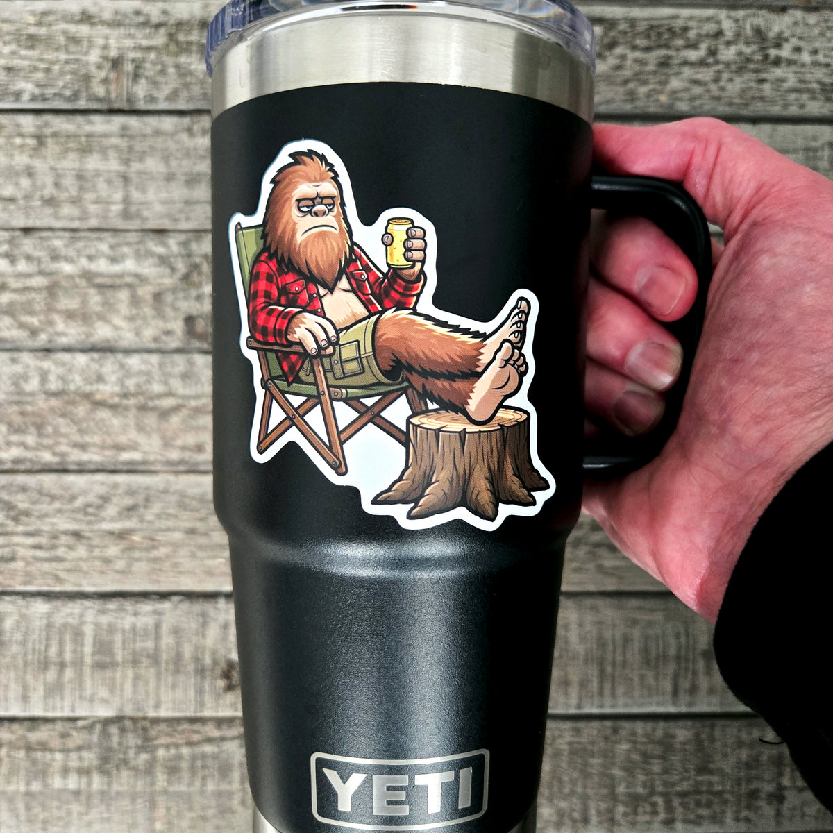 Camping Bigfoot Vinyl Sticker - Sasquatch Relaxing Humor Decal for Laptop Water Bottle - Waterproof