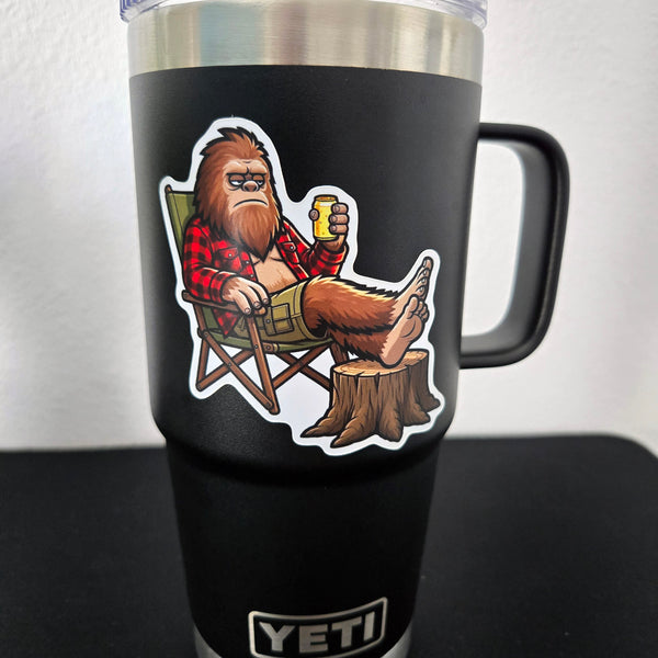 Camping Bigfoot Vinyl Sticker - Sasquatch Relaxing Humor Decal for Laptop Water Bottle - Waterproof