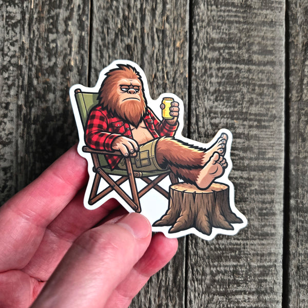 Camping Bigfoot Vinyl Sticker - Sasquatch Relaxing Humor Decal for Laptop Water Bottle - Waterproof