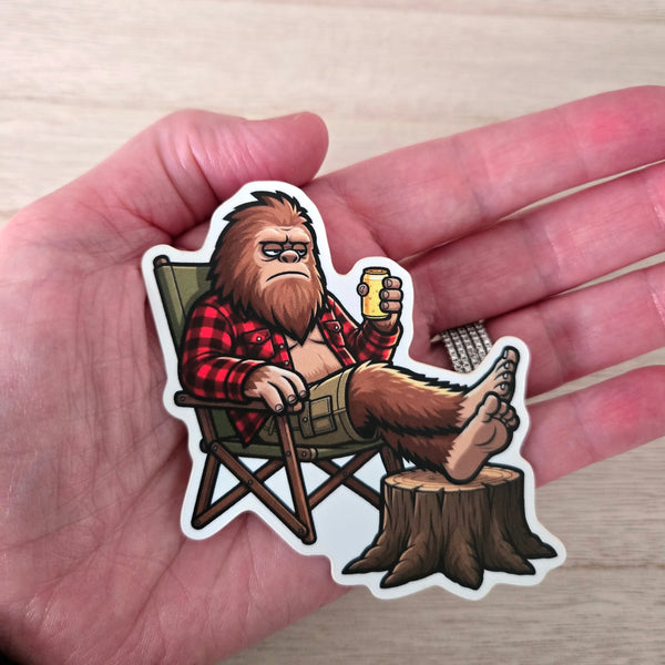 Camping Bigfoot Vinyl Sticker - Sasquatch Relaxing Humor Decal for Laptop Water Bottle - Waterproof