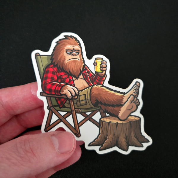 Camping Bigfoot Vinyl Sticker - Sasquatch Relaxing Humor Decal for Laptop Water Bottle - Waterproof
