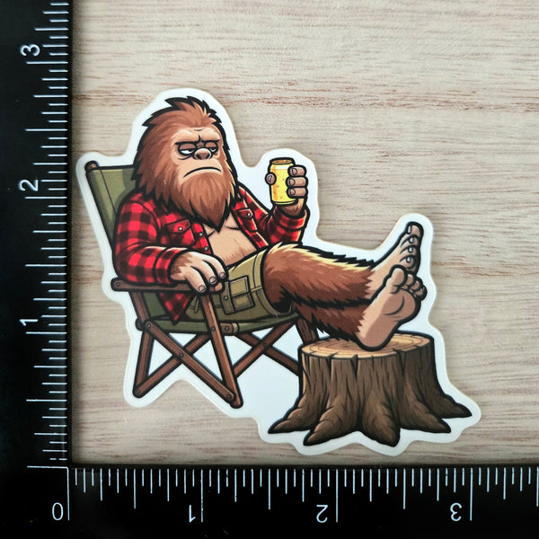 Camping Bigfoot Vinyl Sticker - Sasquatch Relaxing Humor Decal for Laptop Water Bottle - Waterproof