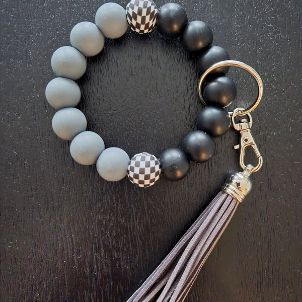 Wristlet Keychain Bracelet Black Grey Checkered - Silicone Bead Key Fob Holder - Hands Free Keyring with Faux Leather Tassel