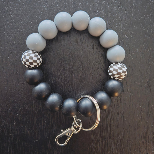 Wristlet Keychain Bracelet Black Grey Checkered - Silicone Bead Key Fob Holder - Hands Free Keyring with Faux Leather Tassel