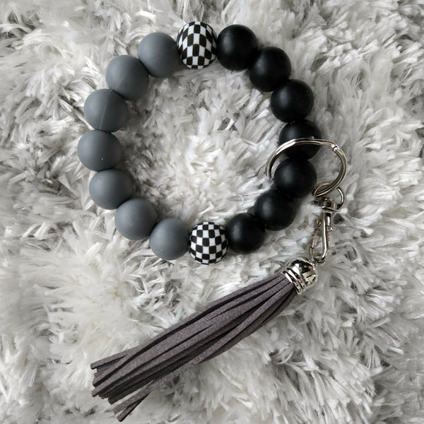 Wristlet Keychain Bracelet Black Grey Checkered - Silicone Bead Key Fob Holder - Hands Free Keyring with Faux Leather Tassel