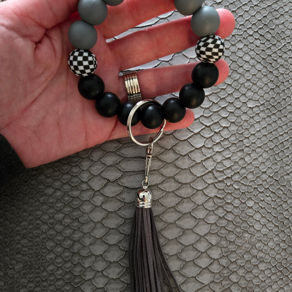Wristlet Keychain Bracelet Black Grey Checkered - Silicone Bead Key Fob Holder - Hands Free Keyring with Faux Leather Tassel