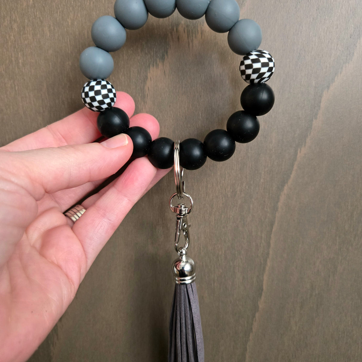 Wristlet Keychain Bracelet Black Grey Checkered - Silicone Bead Key Fob Holder - Hands Free Keyring with Faux Leather Tassel