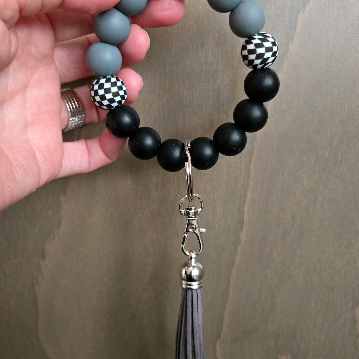 Wristlet Keychain Bracelet Black Grey Checkered - Silicone Bead Key Fob Holder - Hands Free Keyring with Faux Leather Tassel
