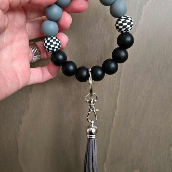 Wristlet Keychain Bracelet Black Grey Checkered - Silicone Bead Key Fob Holder - Hands Free Keyring with Faux Leather Tassel