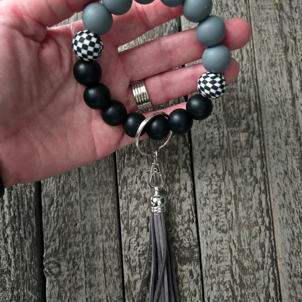 Wristlet Keychain Bracelet Black Grey Checkered - Silicone Bead Key Fob Holder - Hands Free Keyring with Faux Leather Tassel