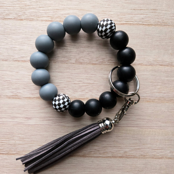 Wristlet Keychain Bracelet Black Grey Checkered - Silicone Bead Key Fob Holder - Hands Free Keyring with Faux Leather Tassel