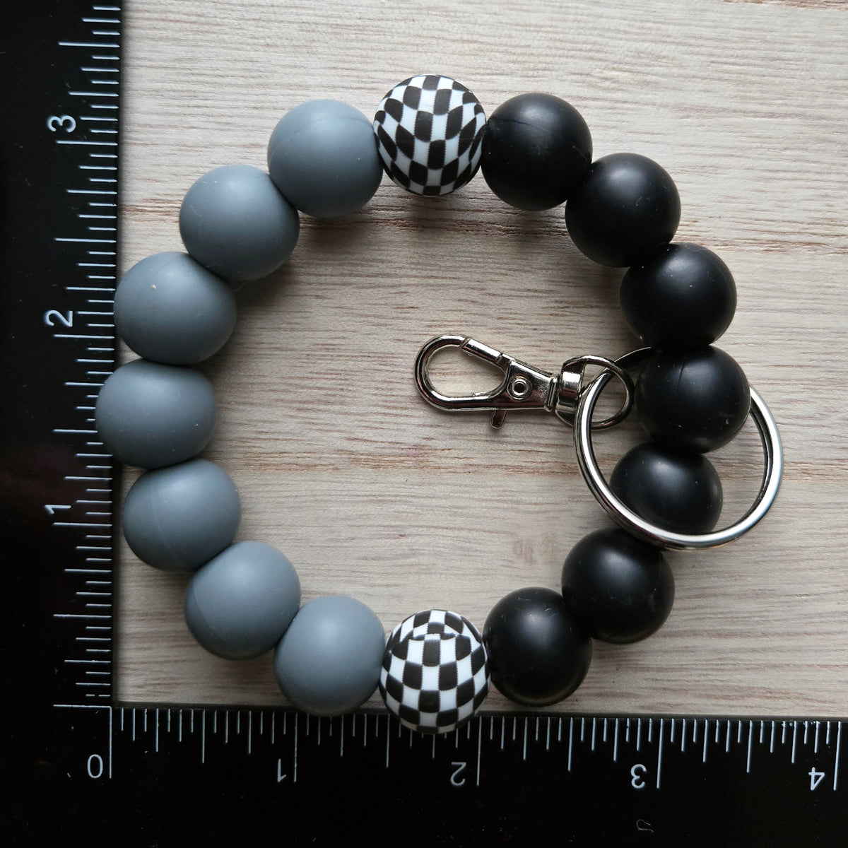 Wristlet Keychain Bracelet Black Grey Checkered - Silicone Bead Key Fob Holder - Hands Free Keyring with Faux Leather Tassel