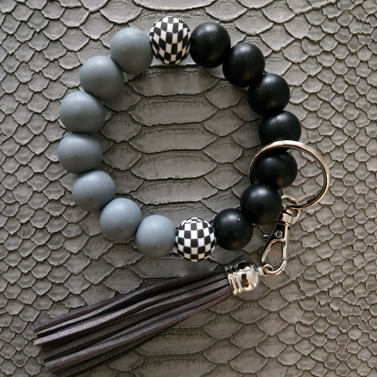 Wristlet Keychain Bracelet Black Grey Checkered - Silicone Bead Key Fob Holder - Hands Free Keyring with Faux Leather Tassel