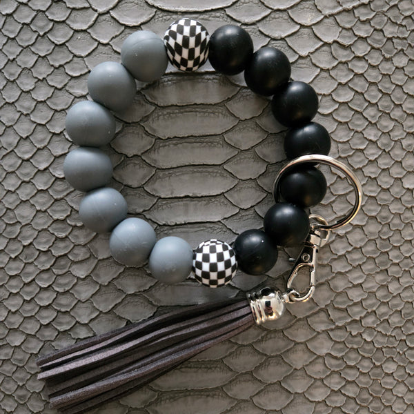 Wristlet Keychain Bracelet Black Grey Checkered - Silicone Bead Key Fob Holder - Hands Free Keyring with Faux Leather Tassel