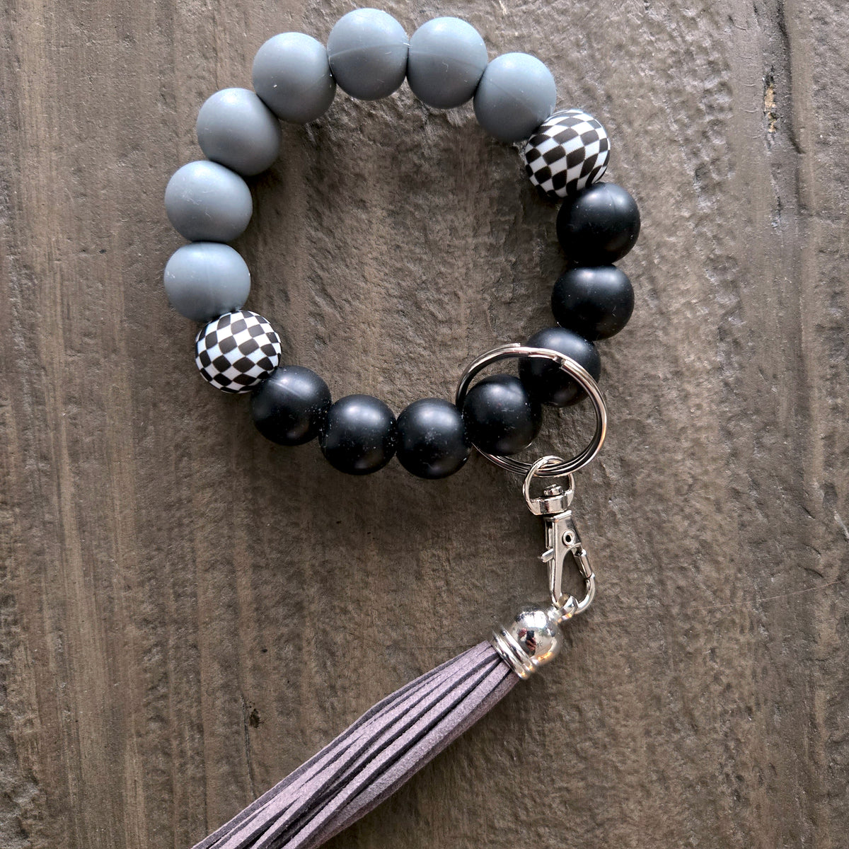 Wristlet Keychain Bracelet Black Grey Checkered - Silicone Bead Key Fob Holder - Hands Free Keyring with Faux Leather Tassel