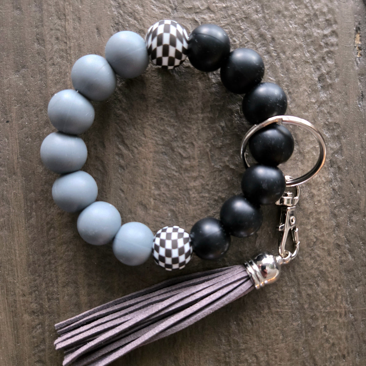 Wristlet Keychain Bracelet Black Grey Checkered - Silicone Bead Key Fob Holder - Hands Free Keyring with Faux Leather Tassel