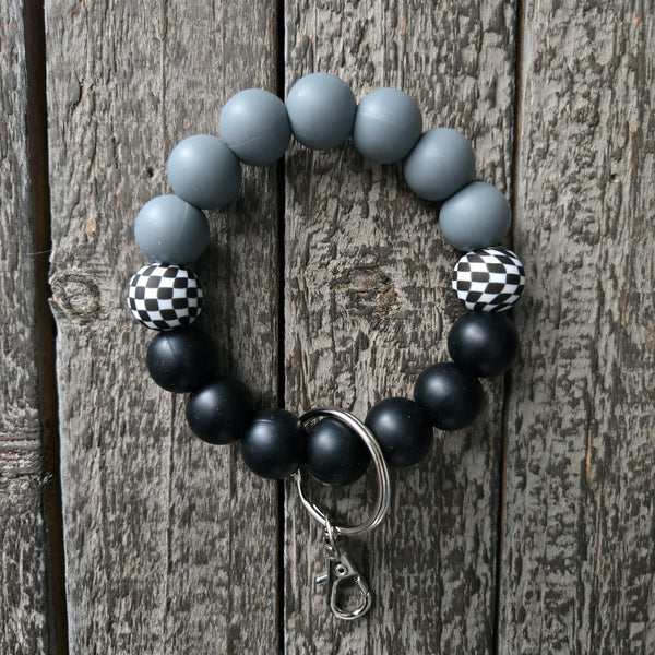 Wristlet Keychain Bracelet Black Grey Checkered - Silicone Bead Key Fob Holder - Hands Free Keyring with Faux Leather Tassel