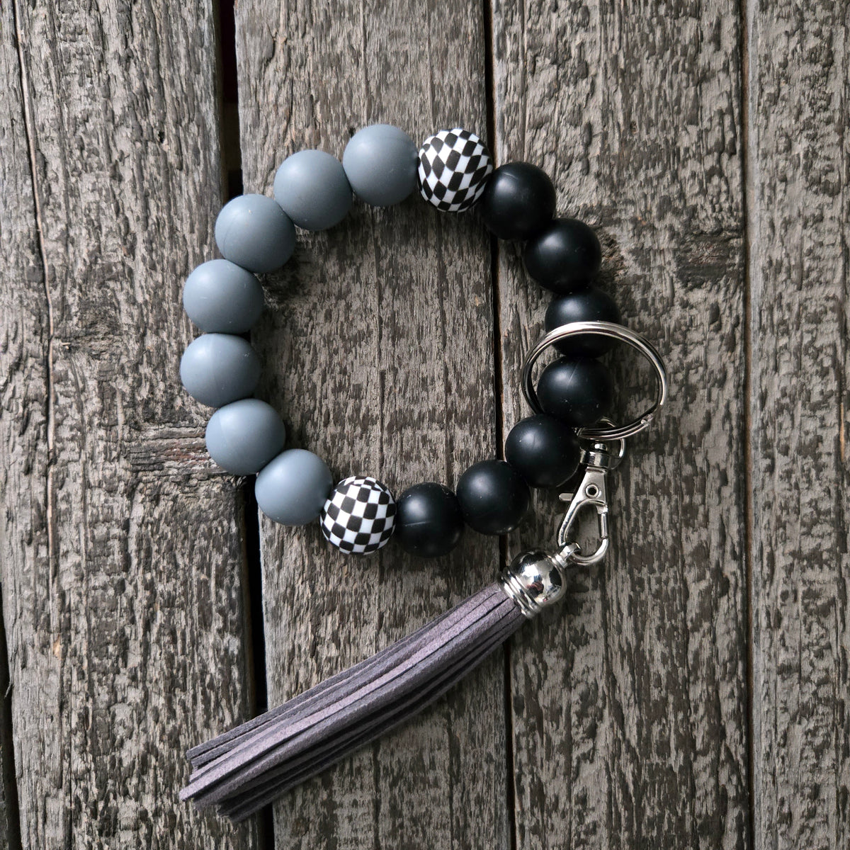 Wristlet Keychain Bracelet Black Grey Checkered - Silicone Bead Key Fob Holder - Hands Free Keyring with Faux Leather Tassel