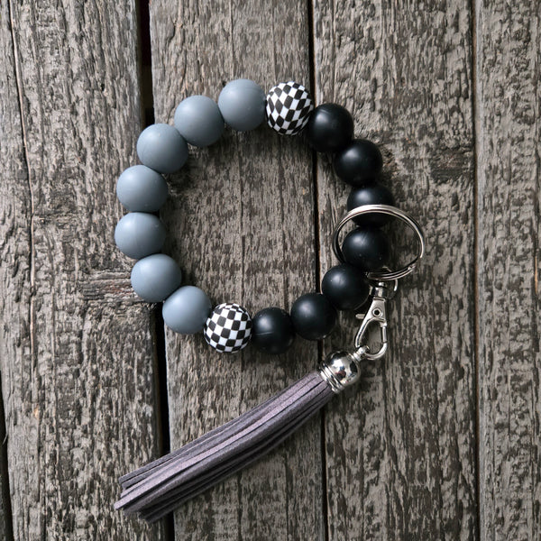 Wristlet Keychain Bracelet Black Grey Checkered - Silicone Bead Key Fob Holder - Hands Free Keyring with Faux Leather Tassel