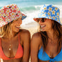 Reversible Plumeria Bucket Hat - Blue & Coral Tropical Hawaiian Sun Hat
