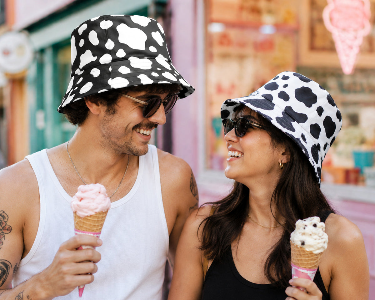 Reversible Cow Print Bucket Hat - Festival Headwear - All Over Print