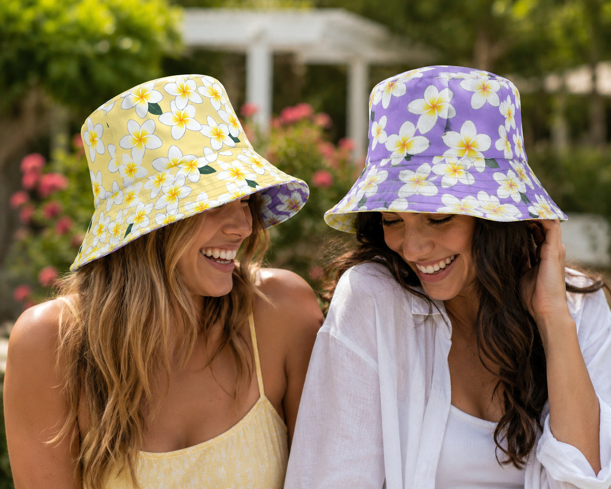Reversible Plumeria Flower Bucket Hat - Purple & Yellow Hawaiian Sun Hat