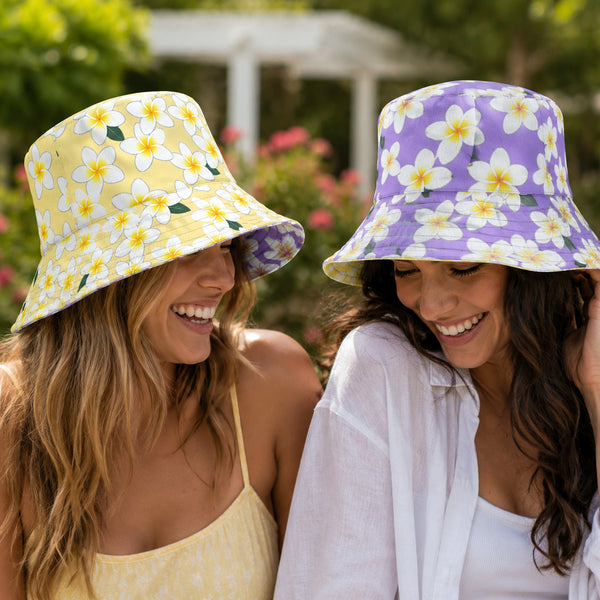 Reversible Plumeria Flower Bucket Hat - Purple & Yellow Hawaiian Sun Hat