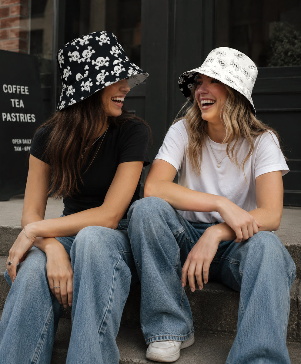 Skull and Crossbones Reversible Bucket Hat - Black and White All Over Print Hat - Gothic Festival Hat - Skull Pattern