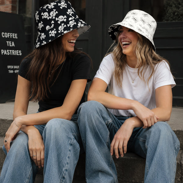 Skull and Crossbones Reversible Bucket Hat - Black and White All Over Print Hat - Gothic Festival Hat - Skull Pattern