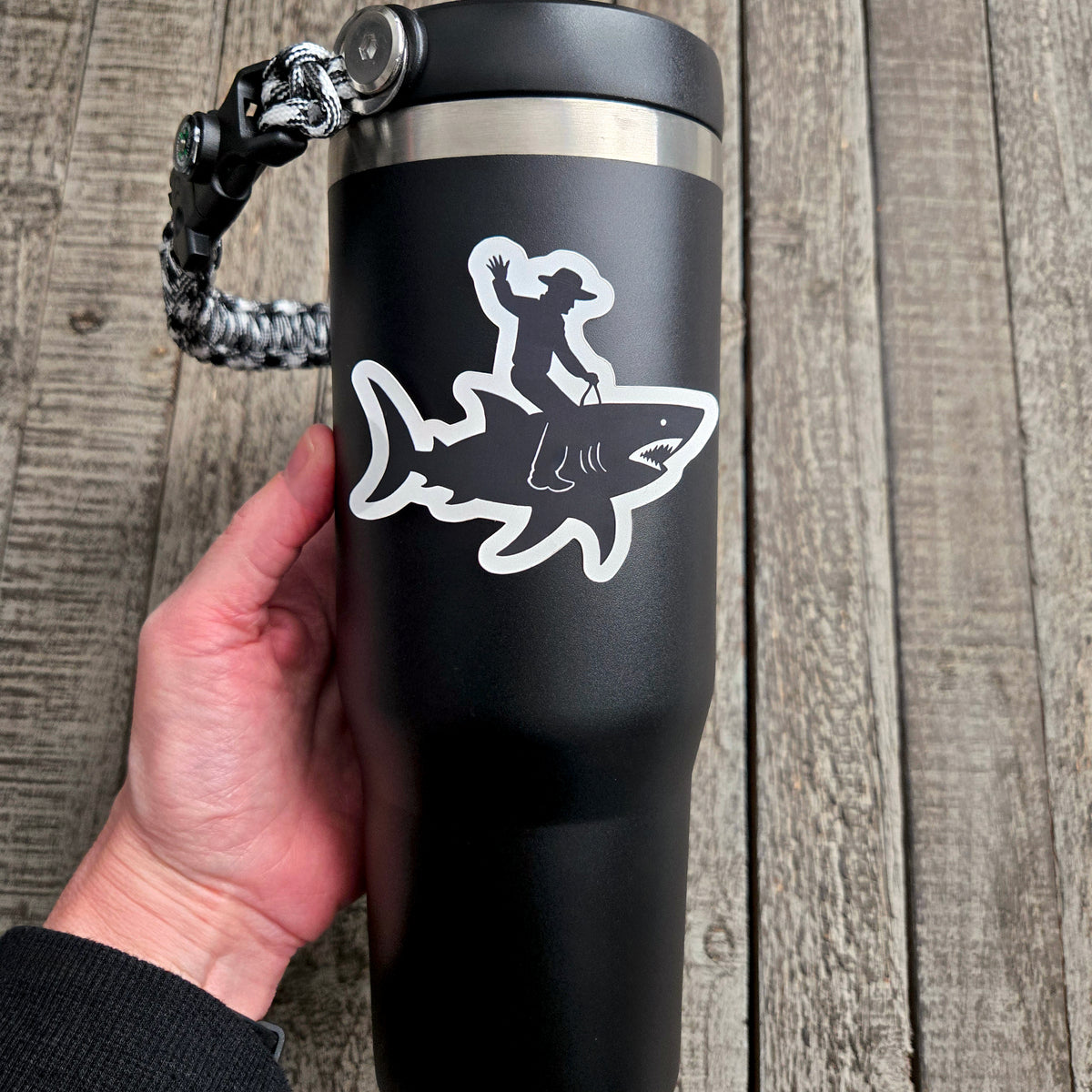 Shark Sticker - Funny Cowboy Riding Shark Waterproof Vinyl Decal - Unique Western Rodeo Gift