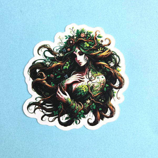 Nature Goddess Fantasy Art - Dryad Tree Spirit Sticker - Forest Nymph Vinyl Decal