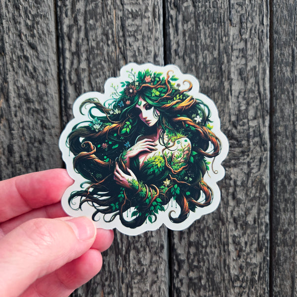 Nature Goddess Fantasy Art - Dryad Tree Spirit Sticker - Forest Nymph Vinyl Decal
