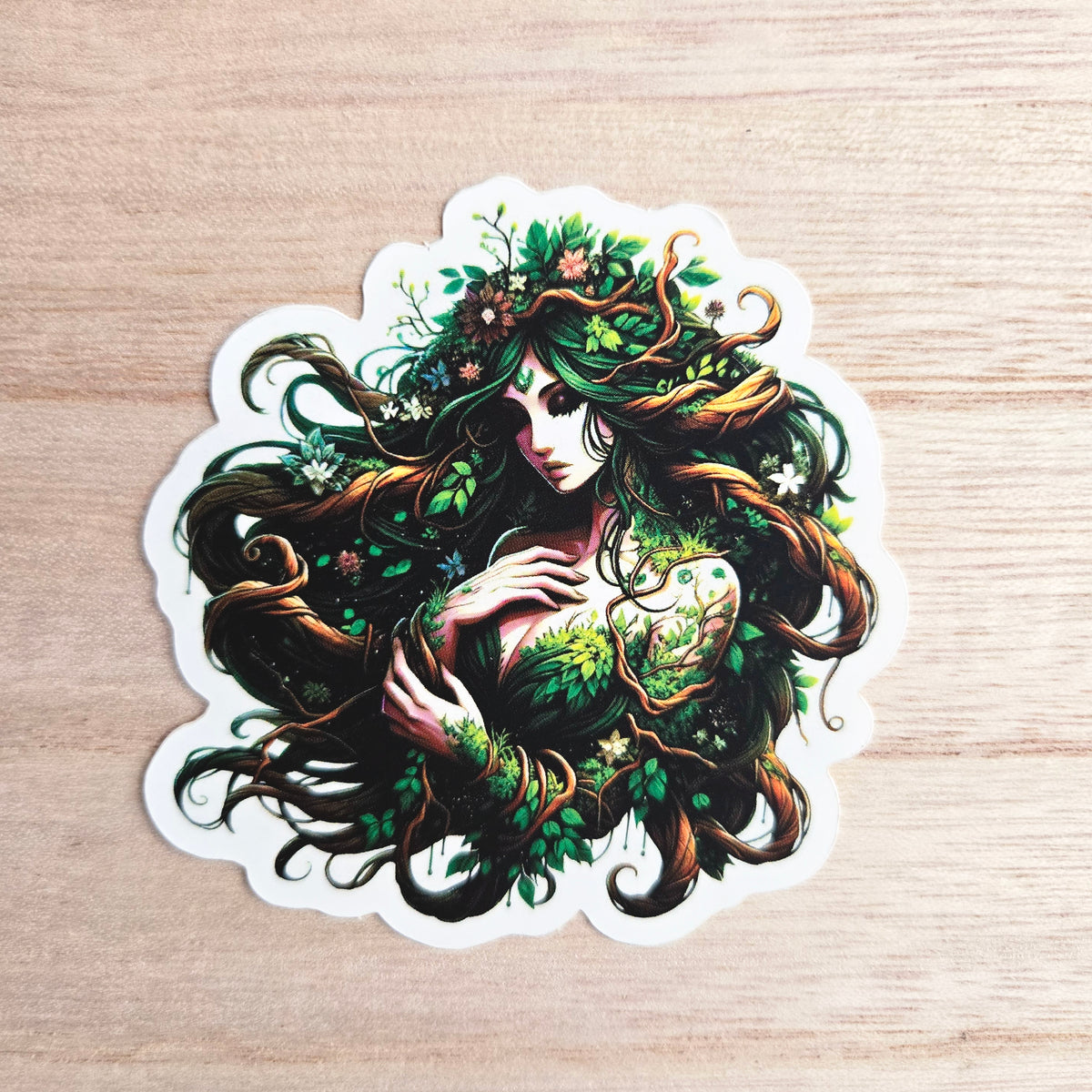 Nature Goddess Fantasy Art - Dryad Tree Spirit Sticker - Forest Nymph Vinyl Decal