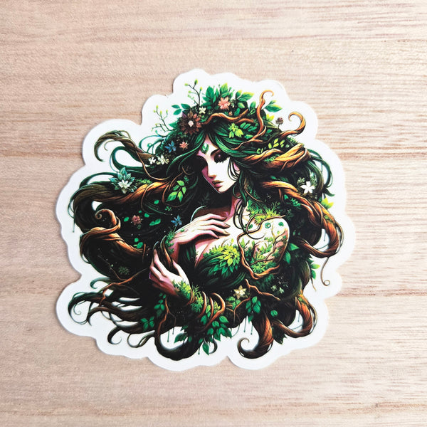 Nature Goddess Fantasy Art - Dryad Tree Spirit Sticker - Forest Nymph Vinyl Decal