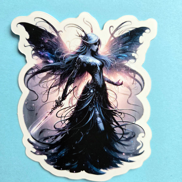 Dark Fairy with Wings Sticker - 2 Sizes - Gothic Warrior Vinyl Decal with Sword