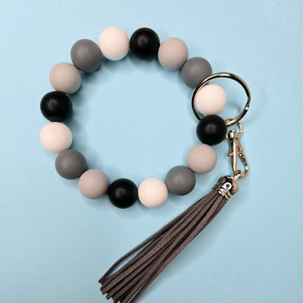 Wristlet Keychain Bracelet Grey Black White - Silicone Bead Key Fob Holder - Hands Free Keyring with Faux Leather Tassel