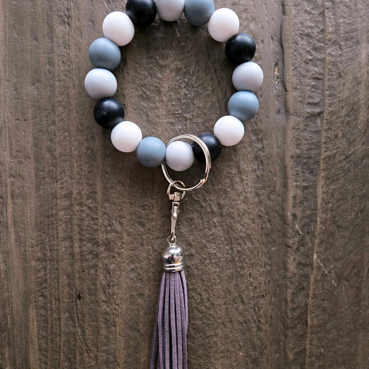 Wristlet Keychain Bracelet Grey Black White - Silicone Bead Key Fob Holder - Hands Free Keyring with Faux Leather Tassel