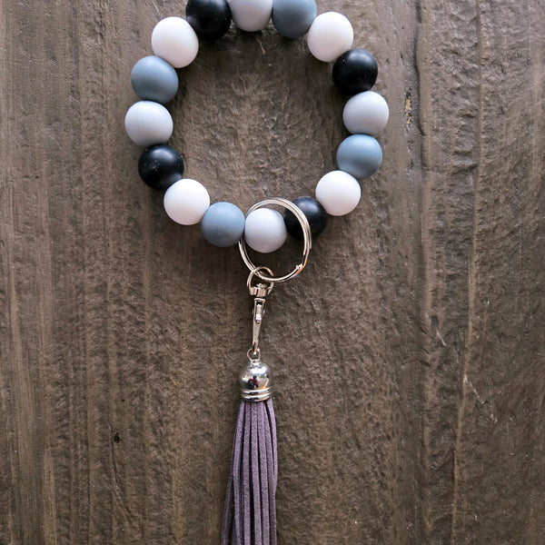 Wristlet Keychain Bracelet Grey Black White - Silicone Bead Key Fob Holder - Hands Free Keyring with Faux Leather Tassel