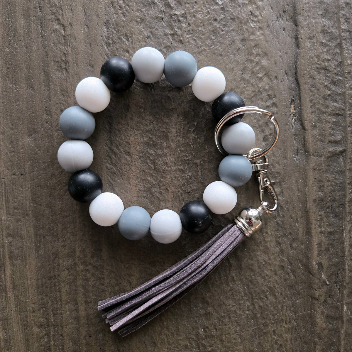 Wristlet Keychain Bracelet Grey Black White - Silicone Bead Key Fob Holder - Hands Free Keyring with Faux Leather Tassel