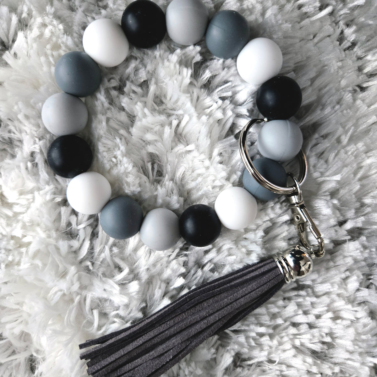 Wristlet Keychain Bracelet Grey Black White - Silicone Bead Key Fob Holder - Hands Free Keyring with Faux Leather Tassel
