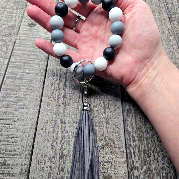 Wristlet Keychain Bracelet Grey Black White - Silicone Bead Key Fob Holder - Hands Free Keyring with Faux Leather Tassel