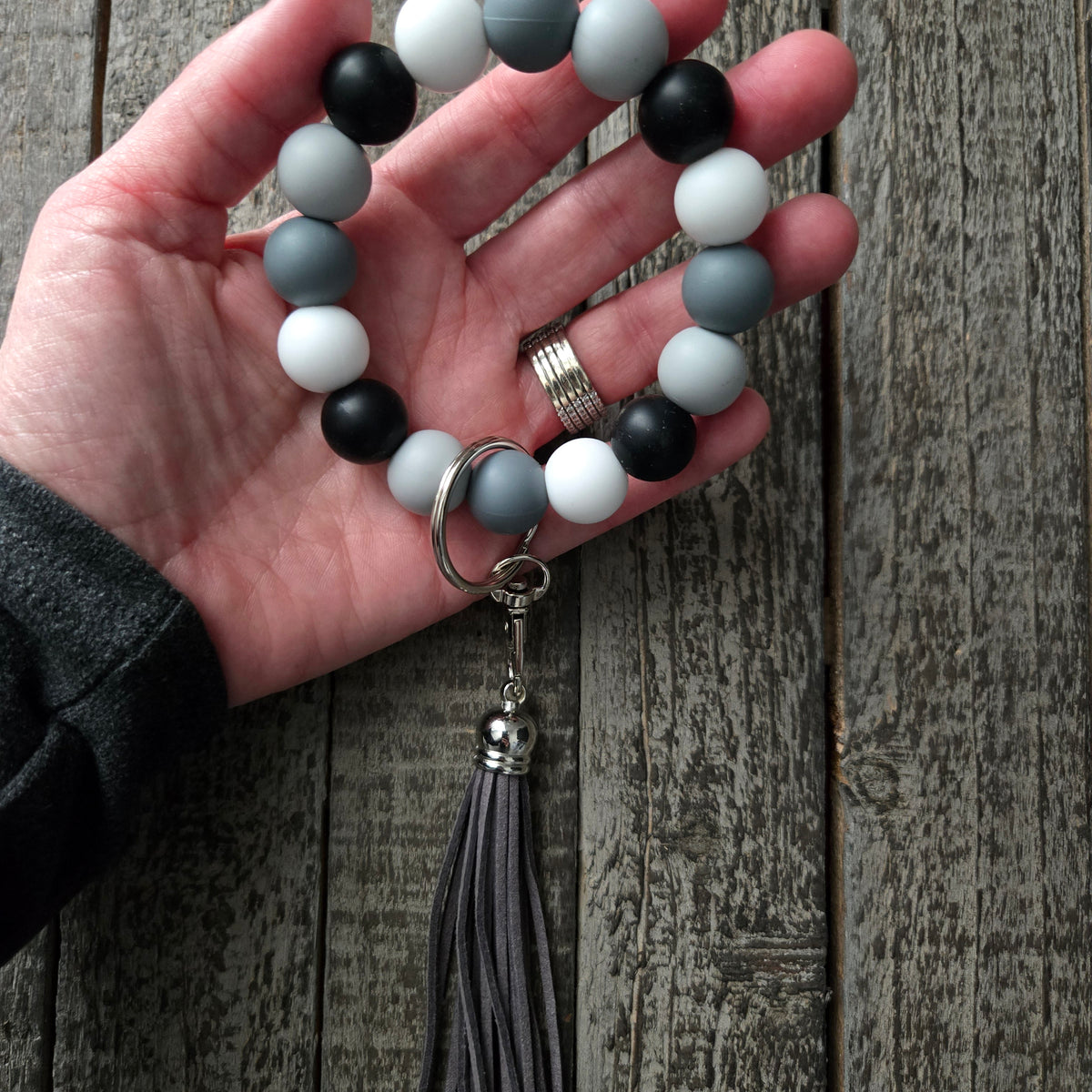 Wristlet Keychain Bracelet Grey Black White - Silicone Bead Key Fob Holder - Hands Free Keyring with Faux Leather Tassel