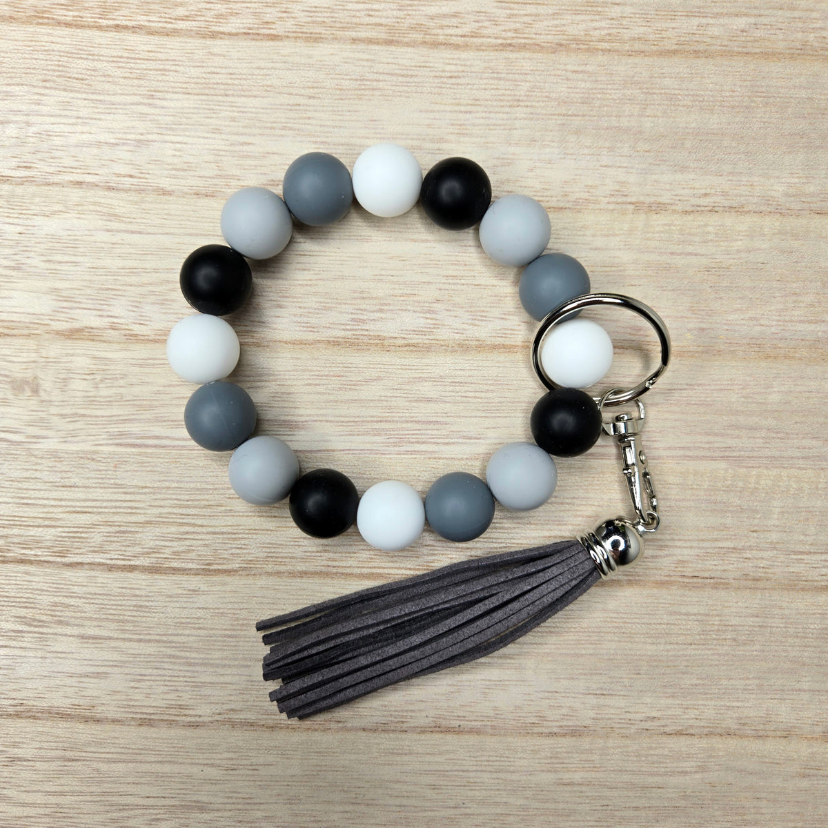 Wristlet Keychain Bracelet Grey Black White - Silicone Bead Key Fob Holder - Hands Free Keyring with Faux Leather Tassel