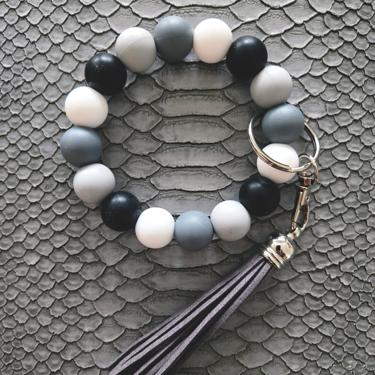 Wristlet Keychain Bracelet Grey Black White - Silicone Bead Key Fob Holder - Hands Free Keyring with Faux Leather Tassel